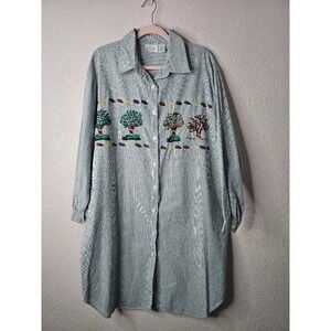 Go Softly Vintage Embroidered Cotton Night Shirt Dress XL Stripes Autumn Cottage